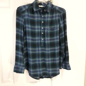 Beachlunchlounge Collection Long-Sleeve Plaid Quater Button Green Blue Top Small